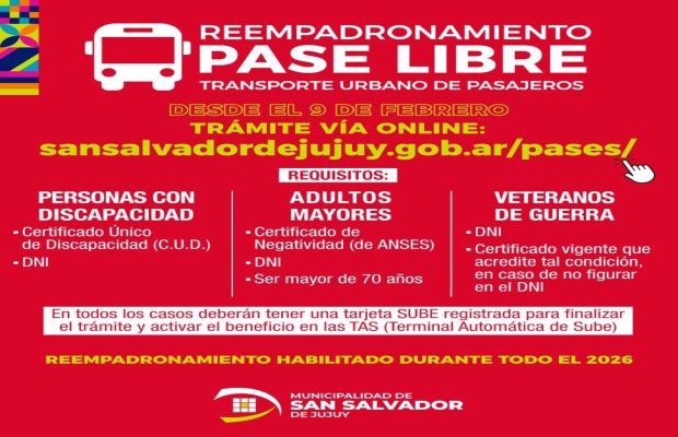 El 9 de febrero iniciará el reempadronamiento del Pase Libre para el transporte urbano