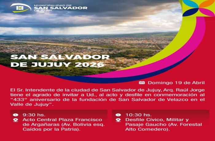 San Salvador de Jujuy celebrará su 433° aniversario con acto central y desfile en Alto Comedero
