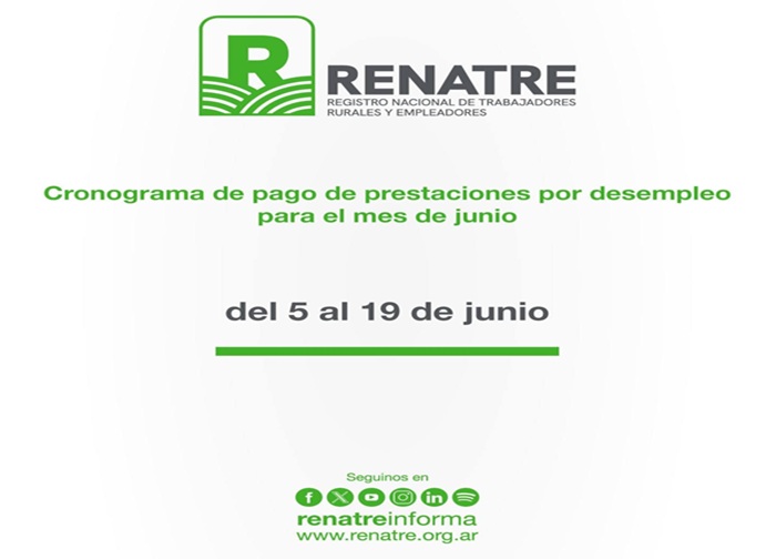 El RENATRE realizará los pagos de la prestación por desempleo del 5 al 19 de junio