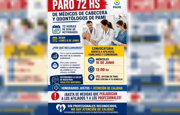 «PAMI»: Médicos de cabecera y odontólogos inician un paro de 72 horas