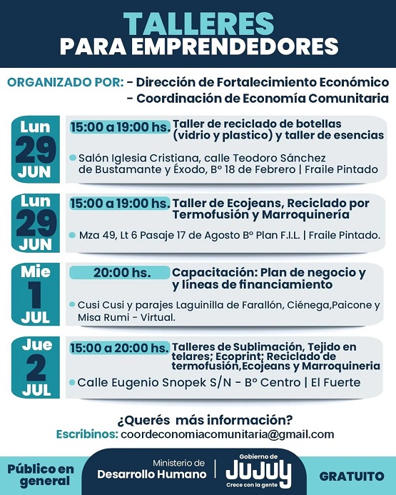Capacitaciones gratuitas para emprendedores en Fraile Pintado, Cusi Cusi y El Fuerte