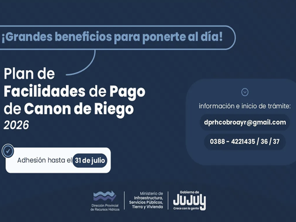 Canon de riego: Este es el último mes para adherirse al Plan de Facilidades de Pago